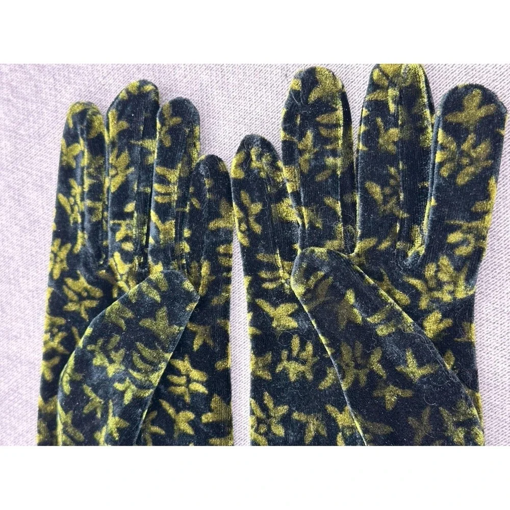 Velvet Retro Gloves Green Black Womens Sz S/M